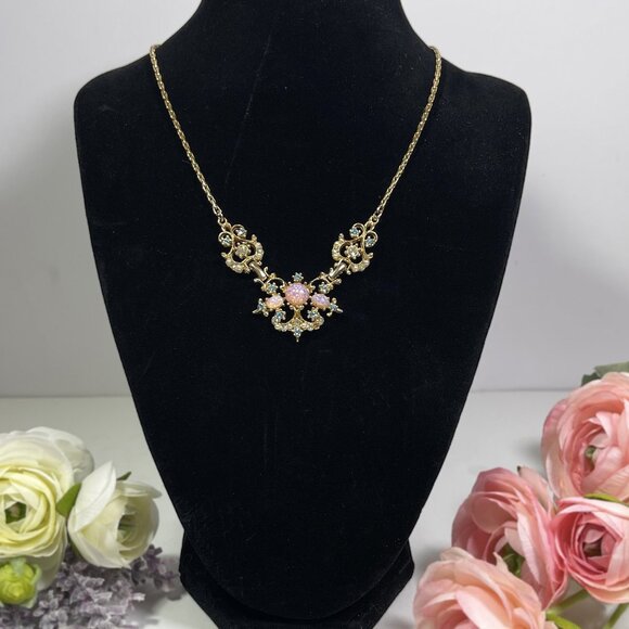 Vintage Estate Necklace Gold Tone Chain Pink Moon Glass Seed Pearls Aqua Crystal - Picture 2 of 9